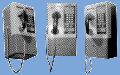 close up of the public pay phone pixelate grayscale color halftone dotted texture style collage element isolated on blue background