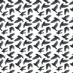 Vector seamless pattern linocut with birds. Modern trendy minimal style. Black and white colors. Botanical blockprint. Hand drawn design for wallpaper, wall decor, print, postcard, cover, template.