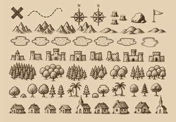 Fantasy medieval cartography map elements, vector, drawing symbols, illustration