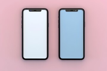 Two modern smartphones, blank screens, pastel background