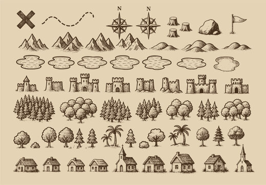 Fantasy medieval cartography map elements, vector, drawing symbols, illustration