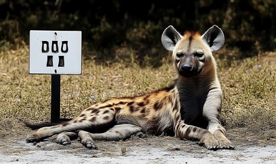 Obraz premium Resting Spotted Hyena Portrait Near Sign in Natural Habitat