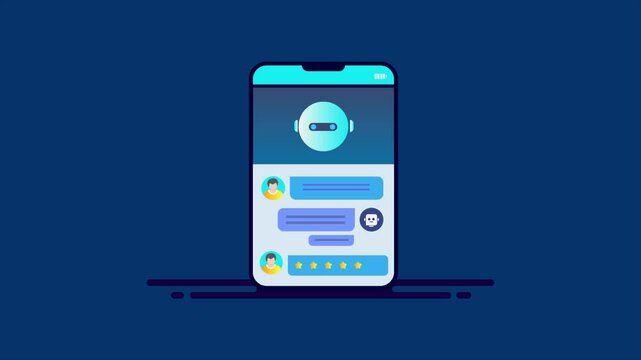 AI chatbot conversation with customer, auto answering virtual assistant bot face on smartphone app. Business application.