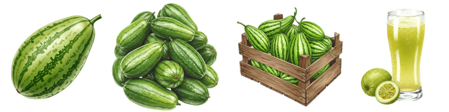 Watercolor arrangement showing pile of tindora, crate of tindora, and a glass of tindora juice drink on transparent background