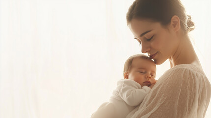 Young mother gently embracing her sleeping newborn in soft light. A perfect image for Mother’s Day, symbolizing love, tenderness, and maternal care.