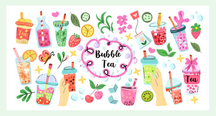Bubble Tea Set a vibrant hand drawn vector collection of colorful bubble tea drinks, fruits, straws, tapioca pearls and fresh toppings in a fun and cute style, perfect for packaging and prints
