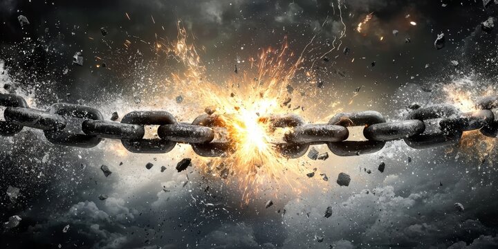 Chains falling apart illustrate the removal of oppression.