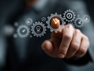 Businessman touching virtual gears with time icons, representing strategic planning