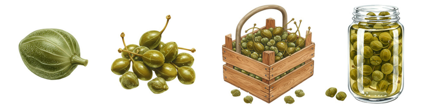 Watercolor a variety of capers displayed in different forms from fresh to preserved in a glass jar shown on transparent background