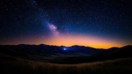 Fototapeta premium Beautiful starry night sky over mountain range landscape horizon