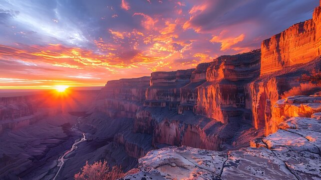 Deep Canyon At Sunrise With Glowing River Far Below, Long Shadows And Epic Scale --Ar 16:9 --S 954 --V 6.0 --Style Raw** - @Darya (Relaxed)