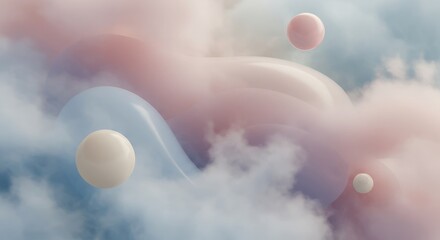 Abstract pastel spheres floating in a dreamy cloud background  