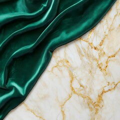 Emerald Green Velvet Fabric Draped on Gold Marble Background