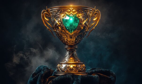 Fantasy gold trophy, emerald gem, dark background, victory