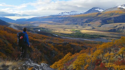 Fototapeta premium Backpacker Standing On A Scenic Cliffside, Gazing At A Valley Covered In Autumn Colors, Wind Rustling Through The Trees 