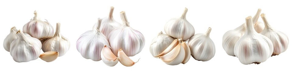 Fresh garlic bulbs and cloves isolated on transparent background