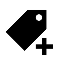 Black tag with a white circle and a black plus sign on a white background in a simple vector image style