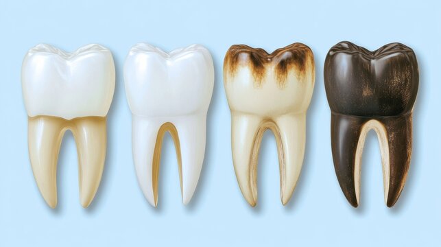 An illustration of four teeth shows the stages of tooth decay, from a healthy tooth to one that is severely decayed