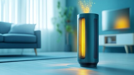 Riscaldatore elettrico appoggiato su pavimentio di un soggiorno, dal design moderno, contribuendo al comfort dell'ambiente.