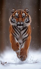 Running Tiger in Snowy Winter Scene Charging Forward with Power