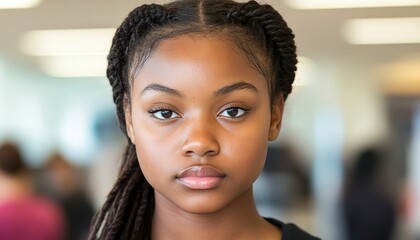 Obraz premium Serious Young Black Woman with Braided Hair Portrait of Confidence and Determination