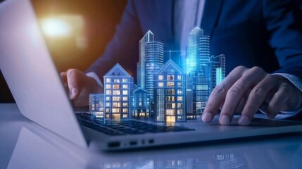 Business professionals engage in teamwork while using a laptop, brainstorming innovative architectural designs