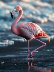 Elegant Flamingo Walking on Reflective Surface – 반사되는 표면 위를 걷는 우아한 플라밍고