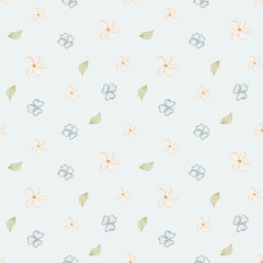 Watercolor pattern wild field flowers. Illustration is hand-drawn on a blue pastel background. Seamless print children for design, fabric, baby clothes, textile, packaging, wallpaper, holiday, easter