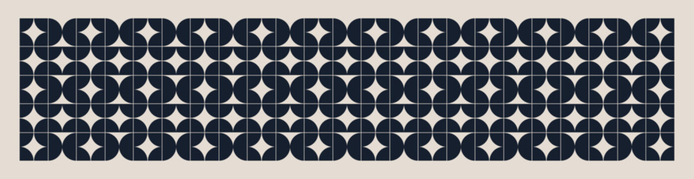 Mid century modern geometric pattern in navy blue and cream. Repeated and decorative design that can be used for packaging, decorating, interior design, wallpapers, banners and more.