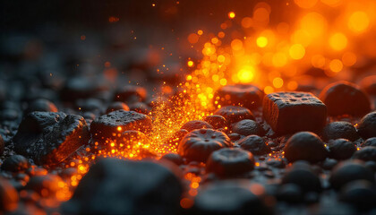 A close-up of dark rocks with glowing orange embers and sparks, creating a warm and fiery atmosphere, set against a blurred background