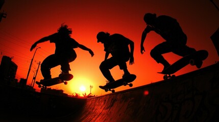 Obraz premium Silhouetted Skateboards and Skaters Performing Tricks in the Evening Light