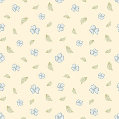 Watercolor pattern flowers violets and leaves. Illustration is hand-drawn on a blue pastel background. Seamless print children for design, fabric, baby clothes, textile, packaging, wallpaper, holiday