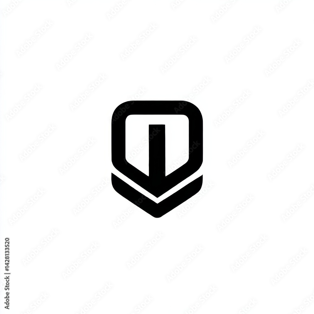 Poster abstract black logo with shield and downward arrow in a modern and minimalist design style