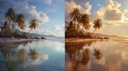 Two contrasting views of a tropical beach at sunrise and sunset.