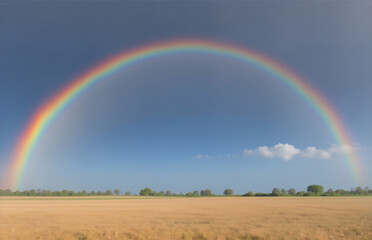 Obraz premium A vibrant rainbow arches across a clear, blue sky above a golden field. The image showcases nature's beauty, a peaceful landscape.