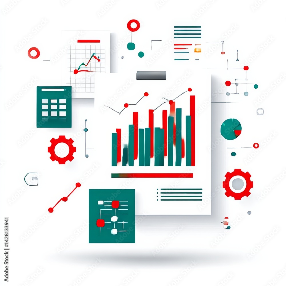 Poster analyzing data: financial charts, graphs, and metrics depicting growth and investment strategy on wh
