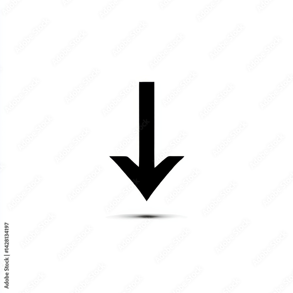 Poster black downward arrow vector illustration indicating direction or download with simple shadow on whit