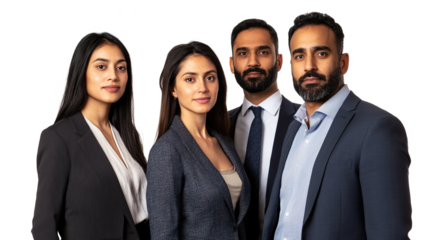 Group of confident businessmen, successful and friendly men and women, isolated on transparent background. PNG