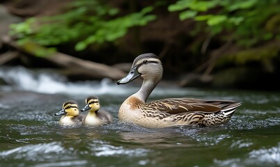 Fototapeta premium Duck with Ducklings Swimming in Stream Nature Wildlife Scene