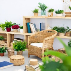 Fototapeta premium Cozy Indoor Garden Nook: Wicker Chair, Wooden Shelves with Books and Plants, Creating a Relaxing and Natural Atmosphere