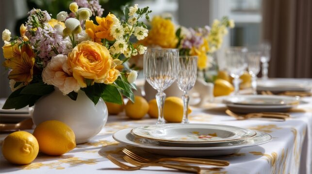 A delightful spring brunch setting showcases a long table adorned with colorful floral centerpieces and elegant glassware. Fresh lemons add a cheerful touch to the inviting atmosphere