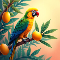 A colorful parrot eating ripe mangoes from a tropical tree 