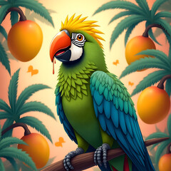 A colorful parrot eating ripe mangoes from a tropical tree 