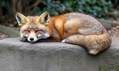 Obraz premium Sleeping Red Fox Resting Peacefully on Stone Ledge Outdoor Portrait