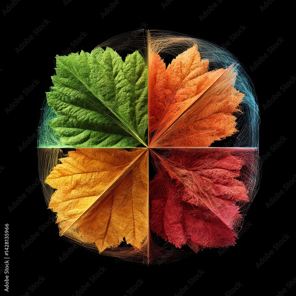 Poster four seasons leaf: a visual representation of seasonal transition through differently colored quarte