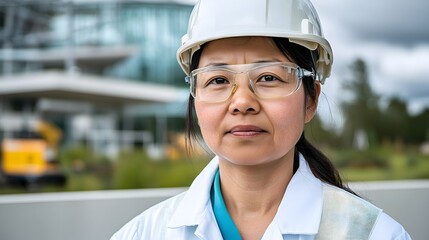 Confident Female Engineer Portrait Hard Hat Safety Glasses Construction Site
