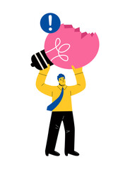 Business man holding broken light bulb with crack. Solution fail concept. Flat vector illustration isolated on white background