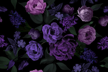 Floral seamless pattern. Vintage Spring Flower illustration. Multicolored Peonies and Hyacinths in Full Bloom. Luxurious garden flowers on black background. Template for textiles, wallpaper, wrapping