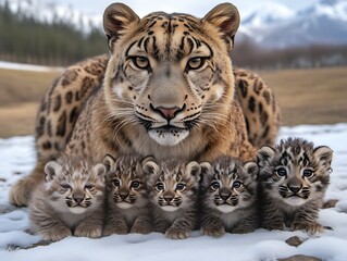 Fototapeta premium Snow Leopard and Cubs Resting in Winter Landscape Showing Family Love