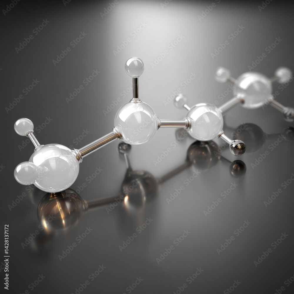 Poster molecular structure visualization: a detailed 3d rendering of a clear glass and metal molecule on a 